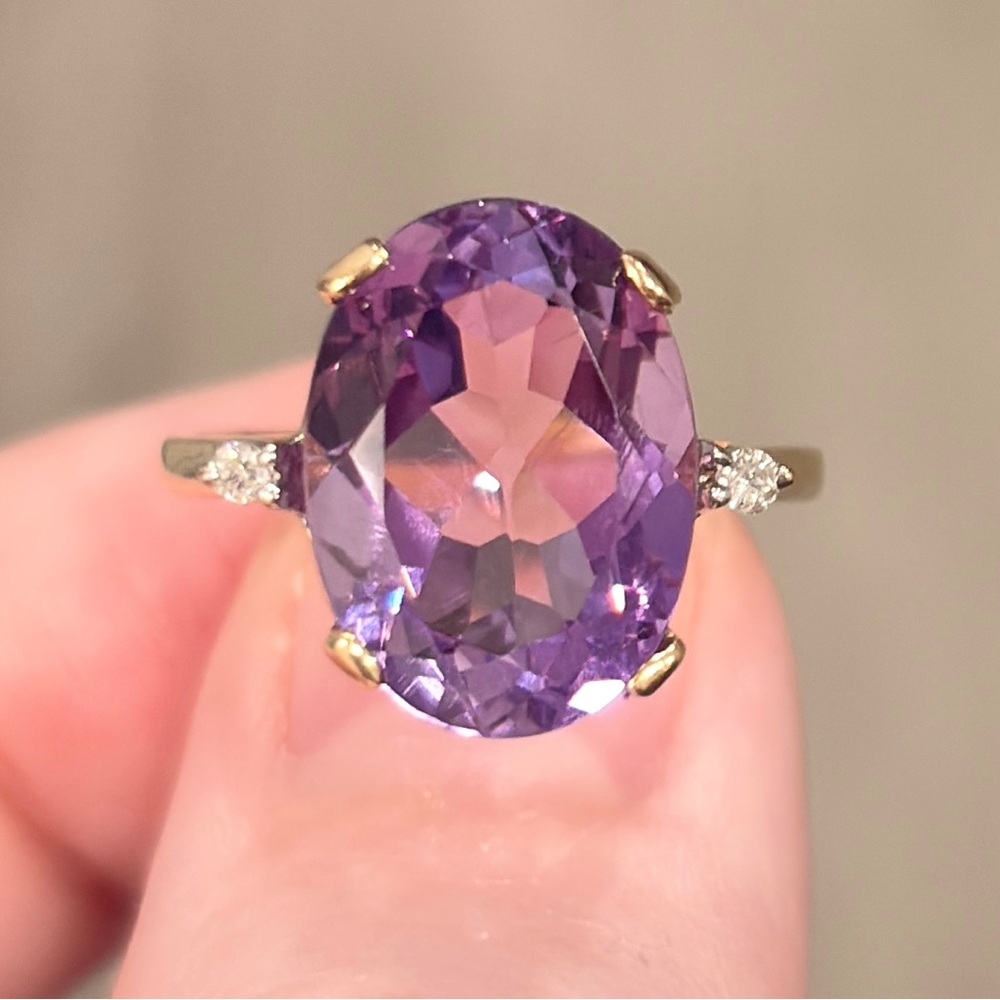 Vintage 14K Gold Amethyst Ring: Diamond Accent Solitaire, Size 6.5
